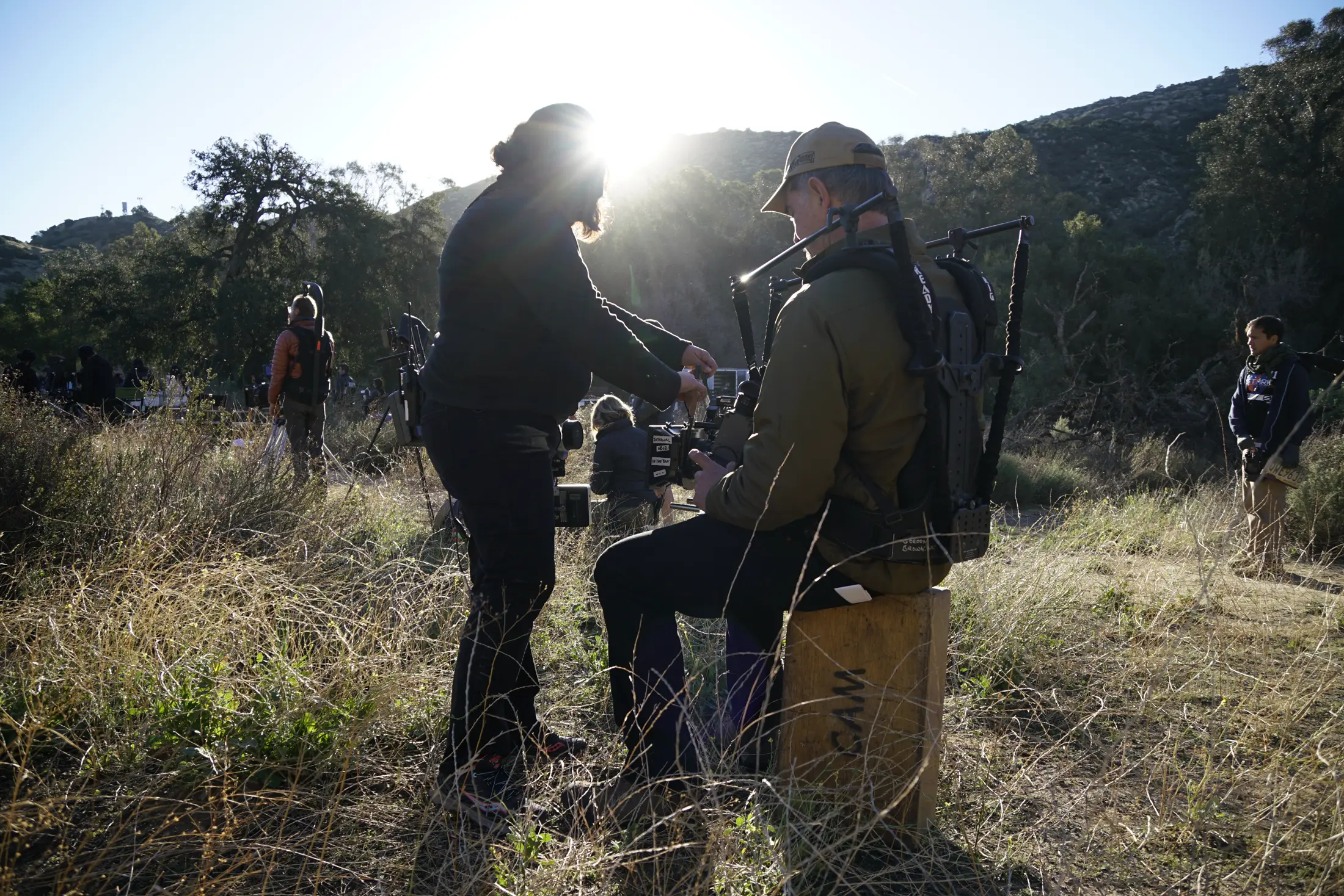 Crew on location at dusk